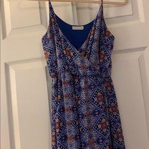 Blue and coral patterned wrap dress